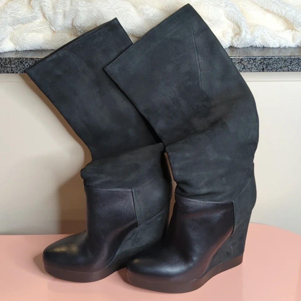 Vince Suede Nubuck Wedge Knee High Mob Wife Boots Made in Italy Black 9 US 40 EU